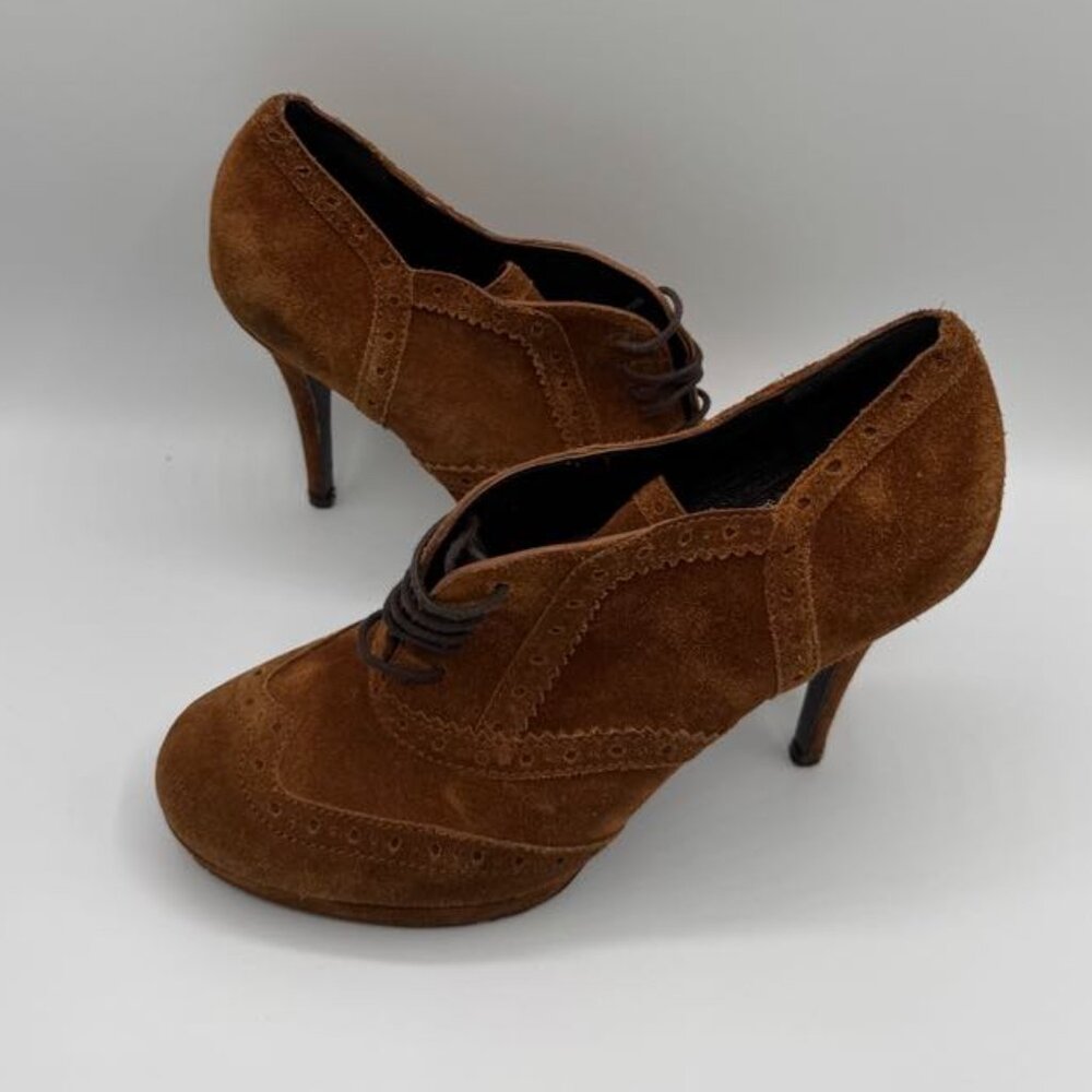 YSL Yves Saint Laurent Genuine Suede Leather Platform Oxford Laced Heels Booties - Picture 4 of 11